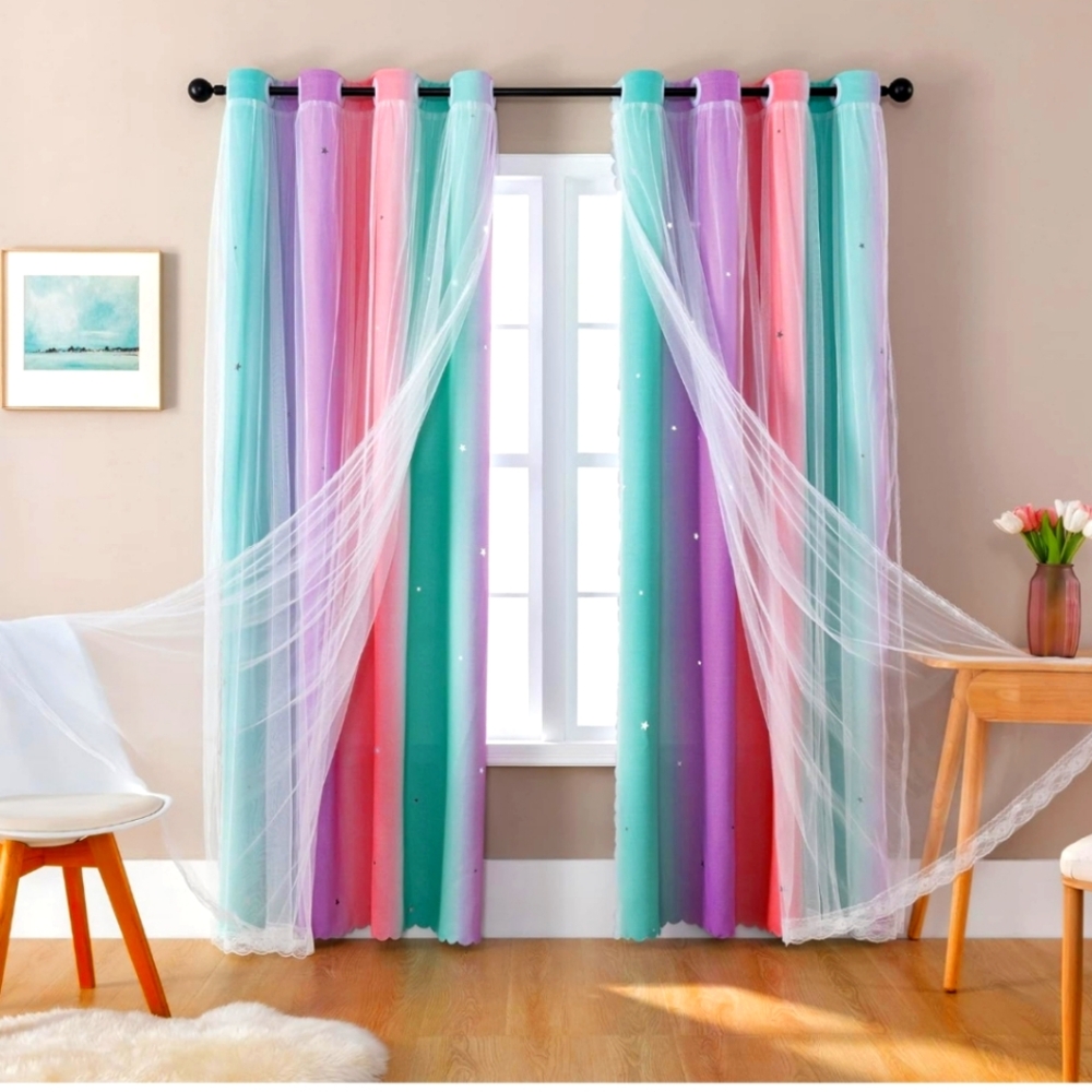 Multi Color Star Glow Curtain Panels  NWT